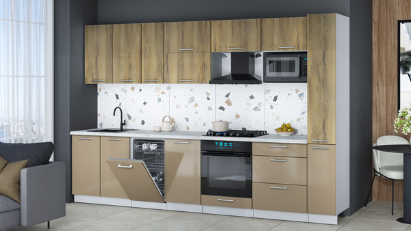 Изображение товара Кухонный гарнитур Интерлиния Мила Gloss 3.2-ПМ4 (капучино глянец/дуб вотан/серый каспий)