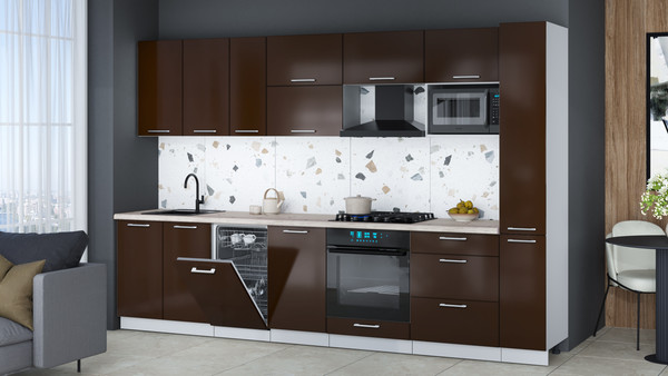 Изображение товара Кухонный гарнитур Интерлиния Мила Gloss 3.2-ПМ4 (шоколад глянец/шоколад глянец/бискайская сосна)