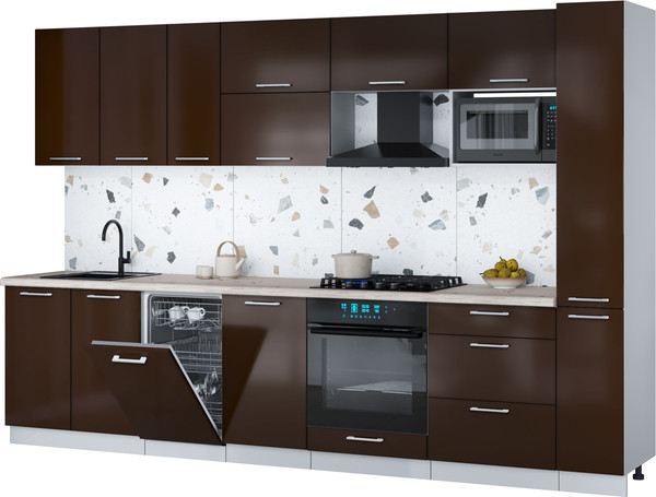 Изображение товара Кухонный гарнитур Интерлиния Мила Gloss 3.2-ПМ4 (шоколад глянец/шоколад глянец/бискайская сосна)