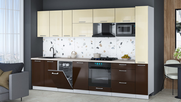 Изображение товара Кухонный гарнитур Интерлиния Мила Gloss 3.2-ПМ4 (шоколад глянец/ваниль глянец/травертин серый)