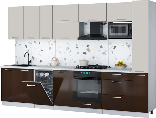 Изображение товара Кухонный гарнитур Интерлиния Мила Gloss 3.2-ПМ4 (шоколад глянец/кашемир/серый каспий)