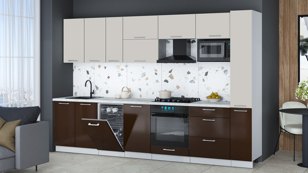 Изображение товара Кухонный гарнитур Интерлиния Мила Gloss 3.2-ПМ4 (шоколад глянец/кашемир/серый каспий)