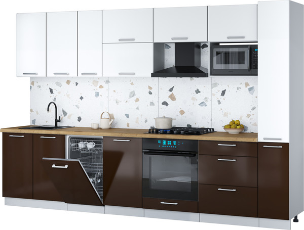 Изображение товара Кухонный гарнитур Интерлиния Мила Gloss 3.2-ПМ4 (шоколад глянец/белый/дуб бунратти)