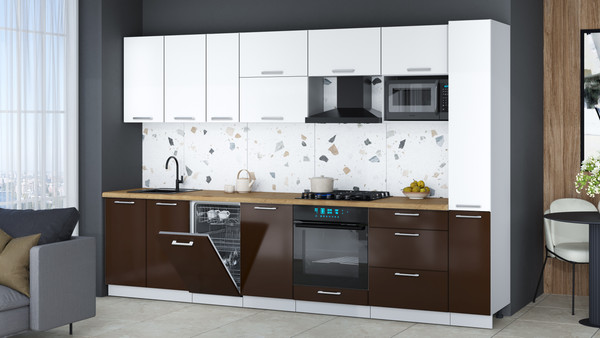 Изображение товара Кухонный гарнитур Интерлиния Мила Gloss 3.2-ПМ4 (шоколад глянец/белый/дуб бунратти)