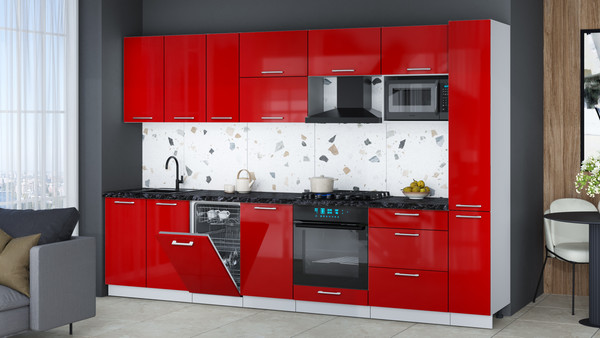Изображение товара Кухонный гарнитур Интерлиния Мила Gloss 3.2-ПМ4 (красный глянец/красный глянец/кастилло темный)