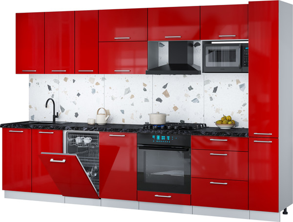 Изображение товара Кухонный гарнитур Интерлиния Мила Gloss 3.2-ПМ4 (красный глянец/красный глянец/кастилло темный)