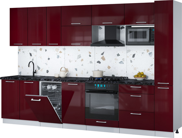 Изображение товара Кухонный гарнитур Интерлиния Мила Gloss 3.2-ПМ4 (бордовый глянец/бордовый глянец/кастилло темный)