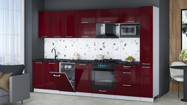 Изображение товара Кухонный гарнитур Интерлиния Мила Gloss 3.2-ПМ4 (бордовый глянец/бордовый глянец/кастилло темный)