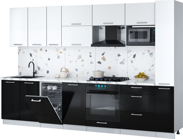 Изображение товара Кухонный гарнитур Интерлиния Мила Gloss 3.2-ПМ4 (черный глянец/белый/белый гранит)