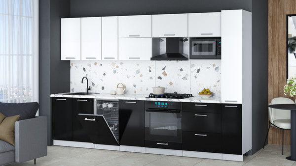 Изображение товара Кухонный гарнитур Интерлиния Мила Gloss 3.2-ПМ4 (черный глянец/белый/белый гранит)