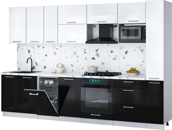 Изображение товара Кухонный гарнитур Интерлиния Мила Gloss 3.2-ПМ4 (черный глянец/белый глянец/белый гранит)