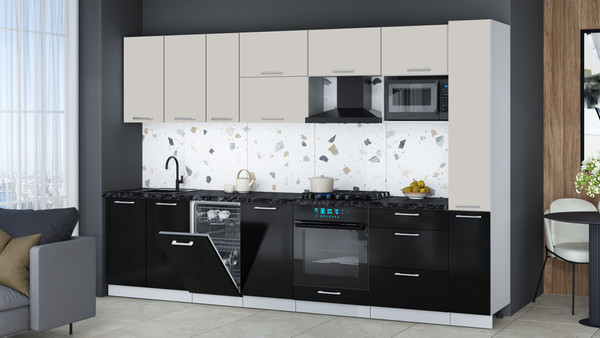 Изображение товара Кухонный гарнитур Интерлиния Мила Gloss 3.2-ПМ4 (черный глянец/кашемир/кастилло темный)