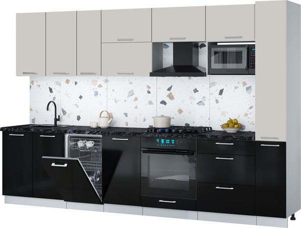 Изображение товара Кухонный гарнитур Интерлиния Мила Gloss 3.2-ПМ4 (черный глянец/кашемир/кастилло темный)