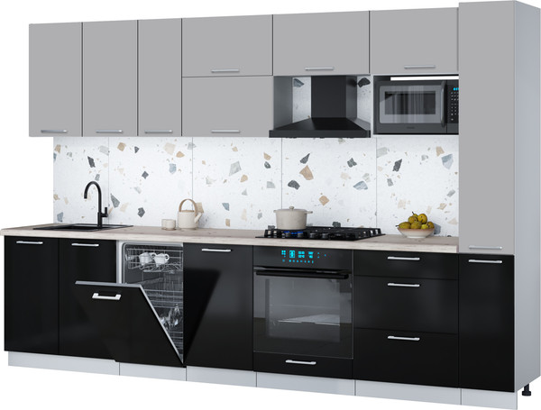 Изображение товара Кухонный гарнитур Интерлиния Мила Gloss 3.2-ПМ4 (черный глянец/грей/бискайская сосна)