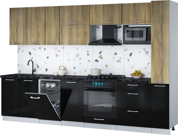 Изображение товара Кухонный гарнитур Интерлиния Мила Gloss 3.2-ПМ4 (черный глянец/дуб вотан/кастилло темный)
