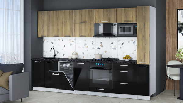 Изображение товара Кухонный гарнитур Интерлиния Мила Gloss 3.2-ПМ4 (черный глянец/дуб вотан/кастилло темный)