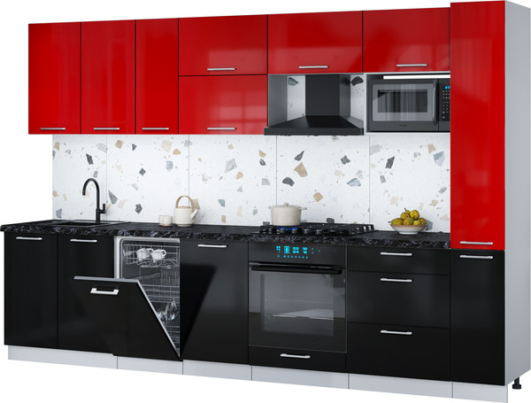 Изображение товара Кухонный гарнитур Интерлиния Мила Gloss 3.2-ПМ4 (черный глянец/красный глянец/кастилло темный)