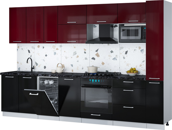 Изображение товара Кухонный гарнитур Интерлиния Мила Gloss 3.2-ПМ4 (черный глянец/бордовый глянец/кастилло темный)