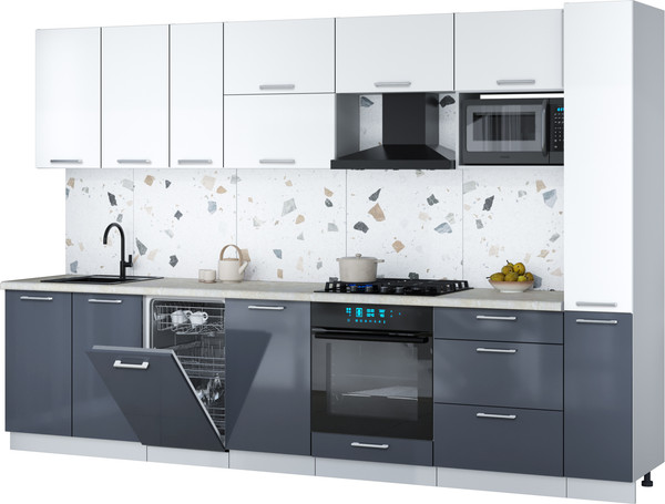Изображение товара Кухонный гарнитур Интерлиния Мила Gloss 3.2-ПМ4 (асфальт глянец/белый/опал светлый)