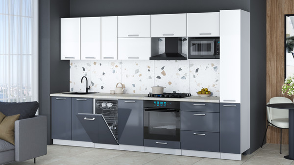 Изображение товара Кухонный гарнитур Интерлиния Мила Gloss 3.2-ПМ4 (асфальт глянец/белый/опал светлый)