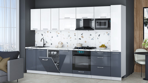 Изображение товара Кухонный гарнитур Интерлиния Мила Gloss 3.2-ПМ4 (асфальт глянец/белый глянец/белый гранит)