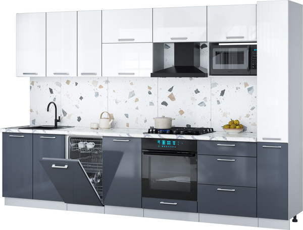 Изображение товара Кухонный гарнитур Интерлиния Мила Gloss 3.2-ПМ4 (асфальт глянец/белый глянец/белый гранит)