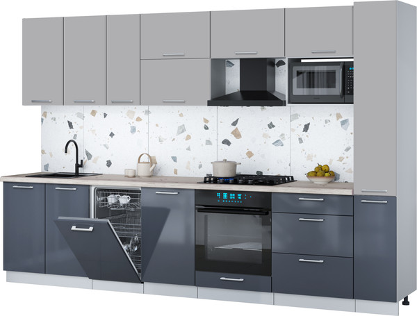 Изображение товара Кухонный гарнитур Интерлиния Мила Gloss 3.2-ПМ4 (асфальт глянец/грей/бискайская сосна)