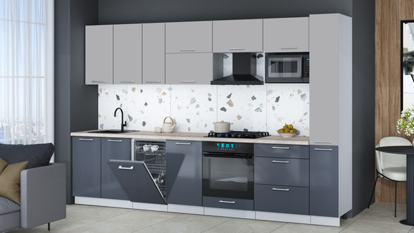 Изображение товара Кухонный гарнитур Интерлиния Мила Gloss 3.2-ПМ4 (асфальт глянец/грей/бискайская сосна)