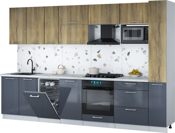 Изображение товара Кухонный гарнитур Интерлиния Мила Gloss 3.2-ПМ4 (асфальт глянец/дуб вотан/серый каспий)