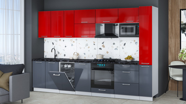 Изображение товара Кухонный гарнитур Интерлиния Мила Gloss 3.2-ПМ4 (асфальт глянец/красный глянец/кастилло темный)