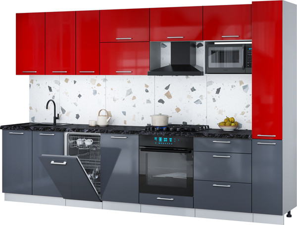 Изображение товара Кухонный гарнитур Интерлиния Мила Gloss 3.2-ПМ4 (асфальт глянец/красный глянец/кастилло темный)