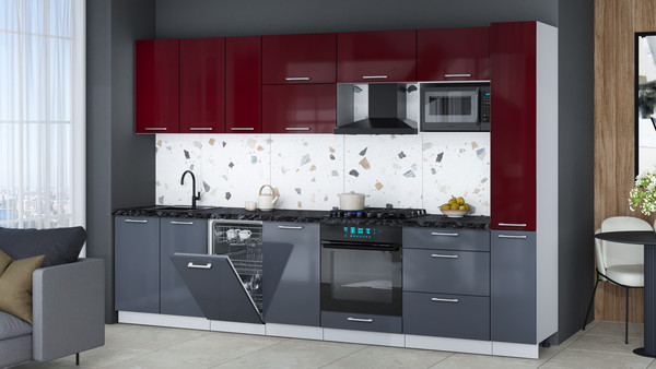 Изображение товара Кухонный гарнитур Интерлиния Мила Gloss 3.2-ПМ4 (асфальт глянец/бордовый глянец/кастилло темный)