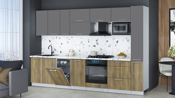 Изображение товара Кухонный гарнитур Интерлиния Мила Gloss 3.2-ПМ4 (дуб вотан/серый/белый гранит)