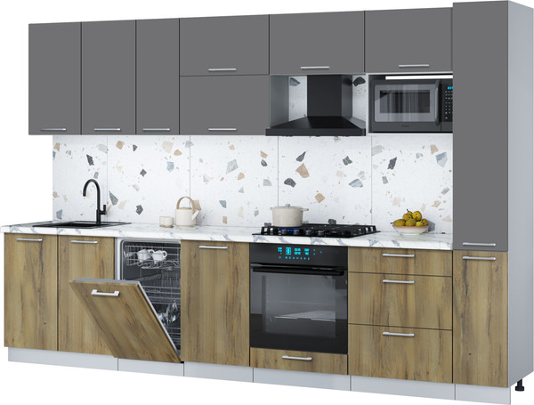 Изображение товара Кухонный гарнитур Интерлиния Мила Gloss 3.2-ПМ4 (дуб вотан/серый/белый гранит)