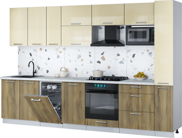 Изображение товара Кухонный гарнитур Интерлиния Мила Gloss 3.2-ПМ4 (дуб вотан/ваниль глянец/серый каспий)