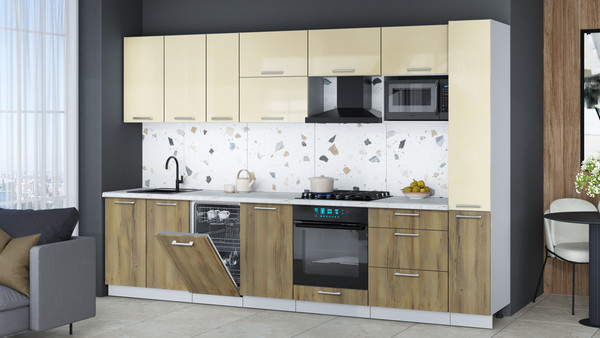 Изображение товара Кухонный гарнитур Интерлиния Мила Gloss 3.2-ПМ4 (дуб вотан/ваниль глянец/серый каспий)