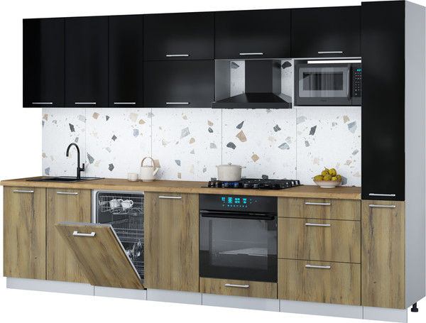 Изображение товара Кухонный гарнитур Интерлиния Мила Gloss 3.2-ПМ4 (дуб вотан/черный глянец/дуб бунратти)