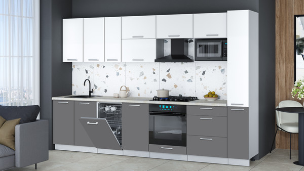 Изображение товара Кухонный гарнитур Интерлиния Мила Gloss 3.2-ПМ4 (серый/белый/опал светлый)