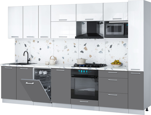 Изображение товара Кухонный гарнитур Интерлиния Мила Gloss 3.2-ПМ4 (серый/белый глянец/белый гранит)