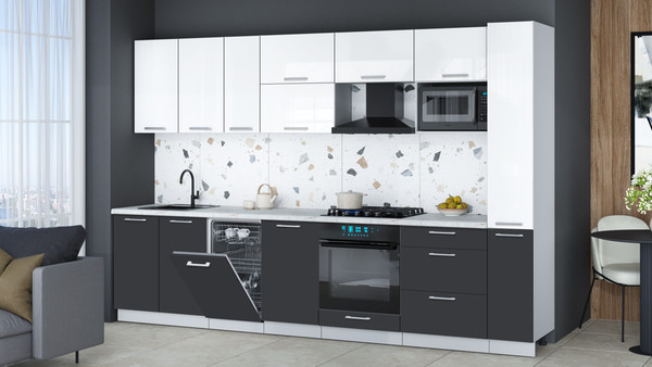 Изображение товара Кухонный гарнитур Интерлиния Мила Gloss 3.2-ПМ4 (пепел/белый глянец/серый каспий)