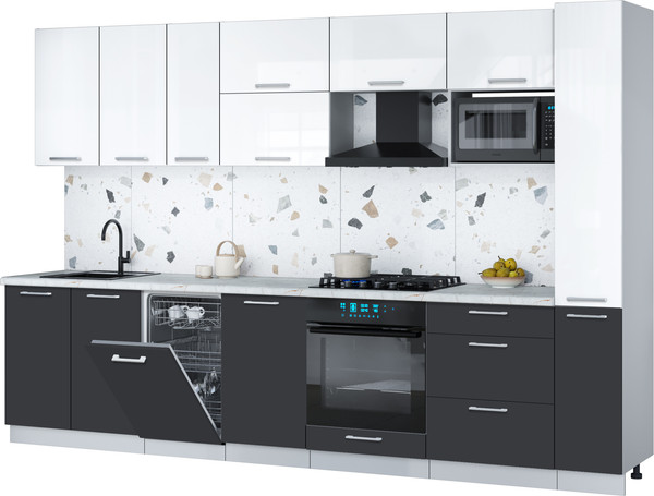 Изображение товара Кухонный гарнитур Интерлиния Мила Gloss 3.2-ПМ4 (пепел/белый глянец/серый каспий)