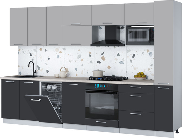 Изображение товара Кухонный гарнитур Интерлиния Мила Gloss 3.2-ПМ4 (пепел/грей/травертин серый)