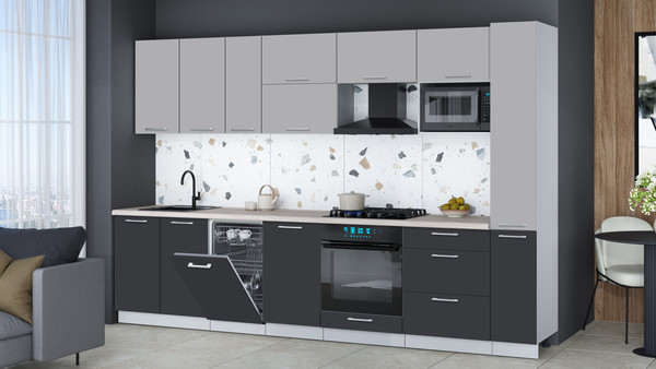 Изображение товара Кухонный гарнитур Интерлиния Мила Gloss 3.2-ПМ4 (пепел/грей/травертин серый)