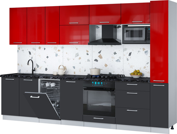 Изображение товара Кухонный гарнитур Интерлиния Мила Gloss 3.2-ПМ4 (пепел/красный глянец/кастилло темный)