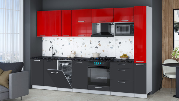 Изображение товара Кухонный гарнитур Интерлиния Мила Gloss 3.2-ПМ4 (пепел/красный глянец/кастилло темный)