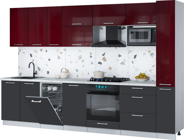 Изображение товара Кухонный гарнитур Интерлиния Мила Gloss 3.2-ПМ4 (пепел/бордовый глянец/серый каспий)