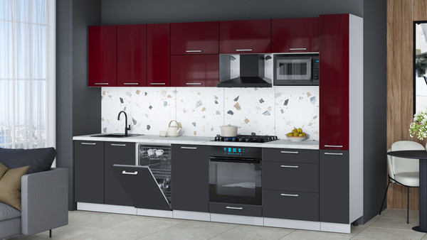 Изображение товара Кухонный гарнитур Интерлиния Мила Gloss 3.2-ПМ4 (пепел/бордовый глянец/серый каспий)