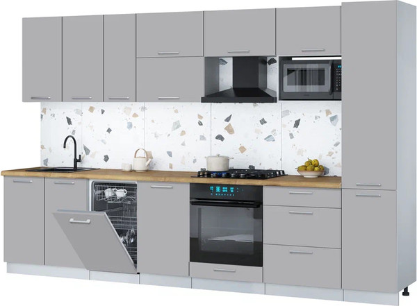 Изображение товара Кухонный гарнитур Интерлиния Мила Gloss 3.3-ПМ4 (грей/грей/дуб бунратти)