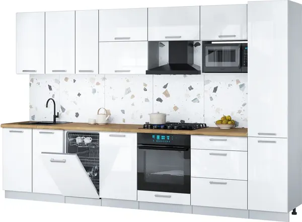 Изображение товара Кухонный гарнитур Интерлиния Мила Gloss 3.3-ПМ4 (белый глянец/белый глянец/дуб бунратти)