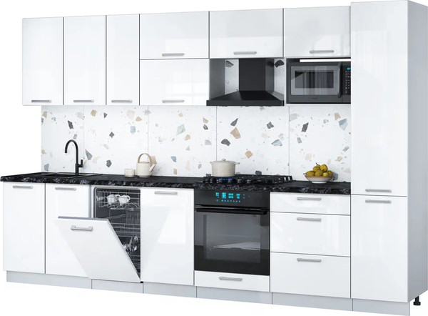 Изображение товара Кухонный гарнитур Интерлиния Мила Gloss 3.3-ПМ4 (белый глянец/белый глянец/кастилло темный)